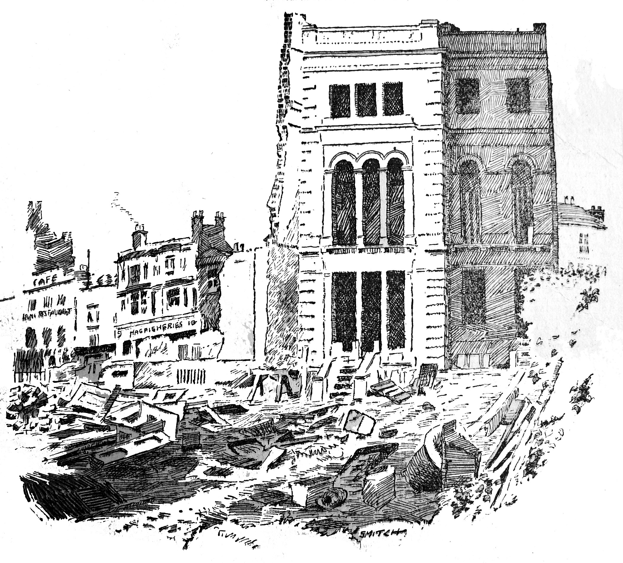 The demolition of the Pier Hotel in October 1931 in a sketch by Tom Smitch, a gifted amateur cartoonist who worked as a printer at the CP. His work regularly appeared in its pages.