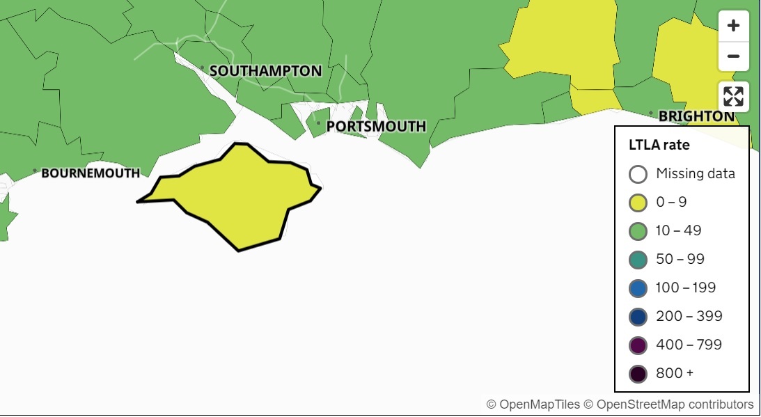 Map showing the Island is yellow, with a Covid rating of 6.2 per 100,000 people.