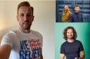 Main picture Harry Kane in his Teemill T-shirt, Joe Wicks and founders Mart and Rob Drake-Knight.