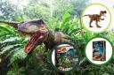 ( Background) A dinosaur in the jungle ( Canva) (Circles) Dinosaur toys and sets from Bargain Max and LEGO