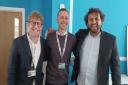 Josh Widdicombe, Oliver Dyer and Nish Kumar at the County Press office.