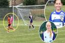 Wight Eagles Academy U16s keeper Lizzie Dodds (in pink, circled), U12s player of the match Libby Kirby (blue shirt) and U14s scorer Kelsie Ronan (white shirt).