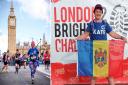Kate Couch running past Big Ben at the 2023 London Marathon and Kate with the Moldovan flag at the start of the 2023 London 2 Brighton 100km Ultra Challenge in May