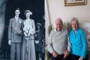 Jean and Gordon Downer on their wedding day, and almost 70 years later.