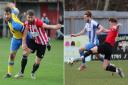 Newport's Martin McDonough and Vics' Ji Nash in the Boxing Day derby and Cowes' Fin Phillips jostles with a Fareham Town defender