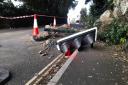 Rock fall wipes out traffic light.