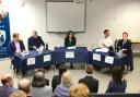 Sandown - Sandown Bay Academy - Youth Hustings - Carl Feeney Independent Network, Karl Love Independent, Vix Lowthion Green, Richard Quigley Labour and Bob Seely MP Conservative.