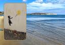 Sandown Bay, the view from Shanklin, by Pamela Parker. Inset is the Banksy style artwork discovered by Jean Cooke.