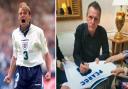 Stuart Pearce celebrating his penalty shootout goal in the Euro 96 quarter final against Spain (left) and signing memorabilia (right). Photos courtesy of Sean Dempsey/PA Wire (left) and Seamless Entertainment (right).