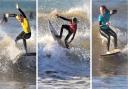 Teenage surfing talent Jago Tasker (centre) was in great form in the Dave Gray Memorial Surfing Competition at Compton.  Photos: Paul Blackley