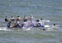 Ryde Rowing Club's coastal junior B crew battling with BTC for second place at Ryde Regatta.