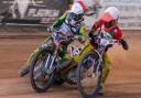 Brayden McGuiness, with red helmet, for the Warriors and Connor Coles for the Cradley Heathens.