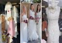 Wedding dresses recently available at Mountbatten (left and right) and Friends of the Animals (centre).