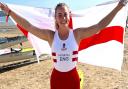 Emily Faithfull pictured celebrating representing England at the Home International Beach Sprint in Wales.