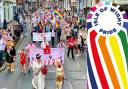 IW Pride parade on Union Street in August 2023 and the vertical IW Pride new logo