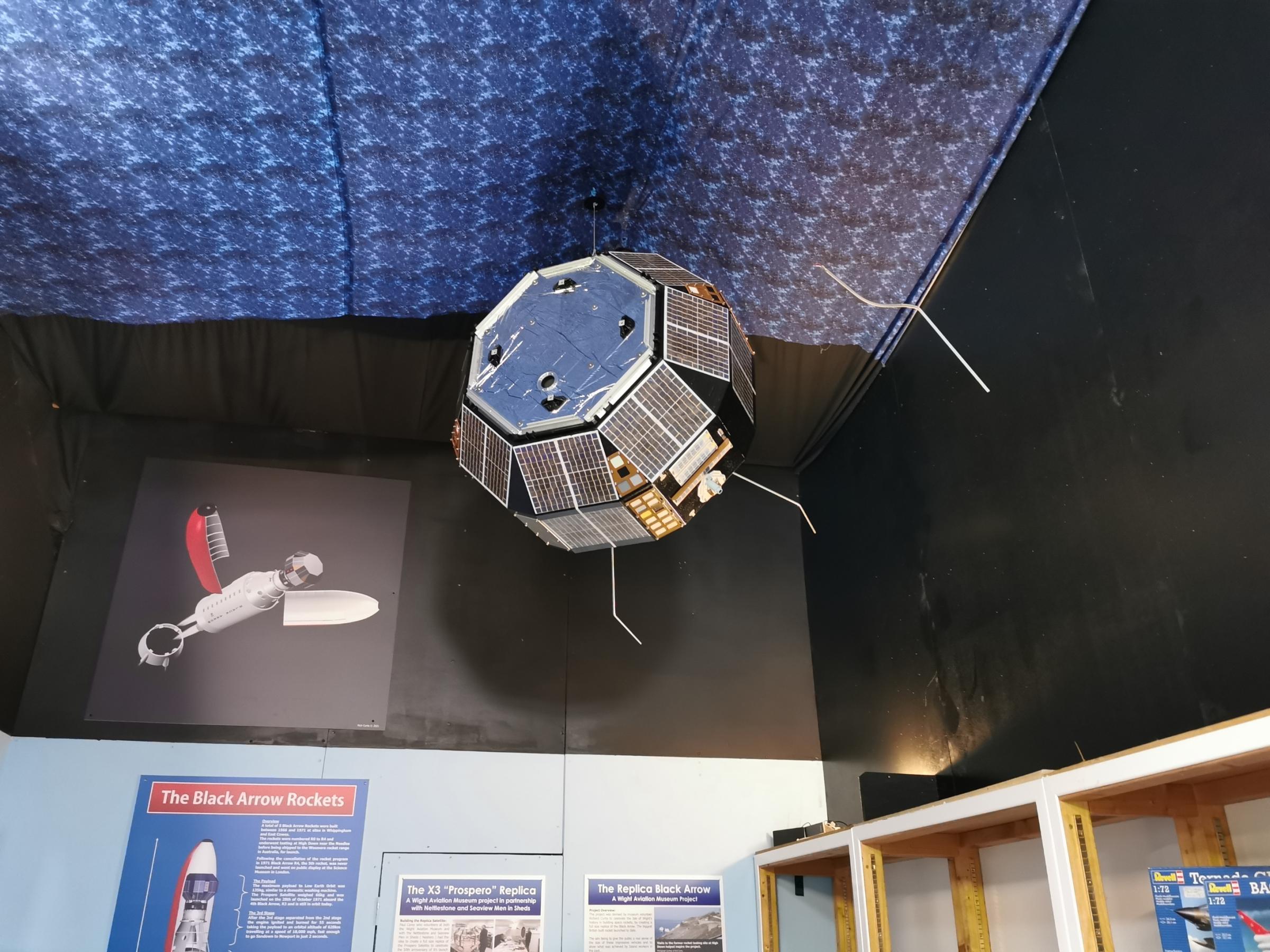 The completed X3 Prospero satellite replica, hanging at the Wight Aviation Museum.