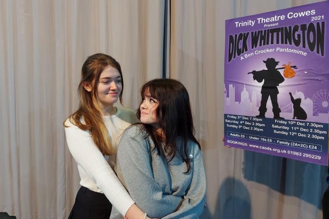 Dick Whittington (Ruby Beaman) and Alice Fitzwarren (Madison Riordan), preparing for panto at Trinity Theatre, Cowes.