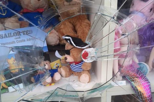 Isle of Wight County Press: The shop window has suffered significant damage. Picture courtesy of Harwoods Facebook page.