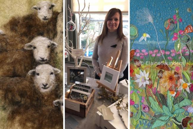 Needle felt, combining wool and art, by Loren Thorn (left), Carly Groves with her work mostly based on coastal themes (centre), and a piece created by Elaine Saunders (right).