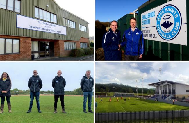Top left, clockwise: Former Newport ground, St George's Park;  Ryde Saints manager Andy Brown; Sarah Green (Island Speedway), Stewart Sheppard (Newport FC) , Andy Brown (Ryde Saints) and Steve Brougham (Newport FC); how the Whippingham stadium could