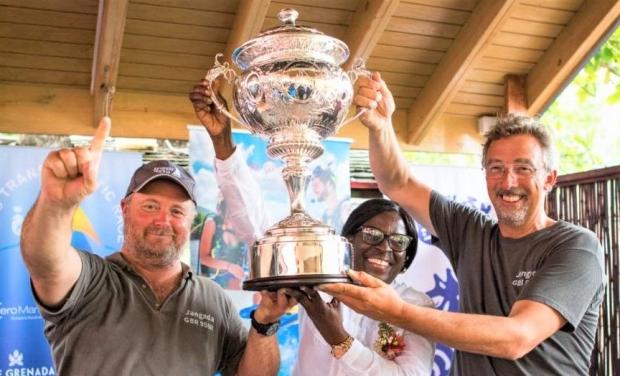Isle of Wight County Press: Jeremy Waitt, left, and Richard Palmer lifting the RORC Transatlantic Race Trophy in 2019. Photo: RORC
