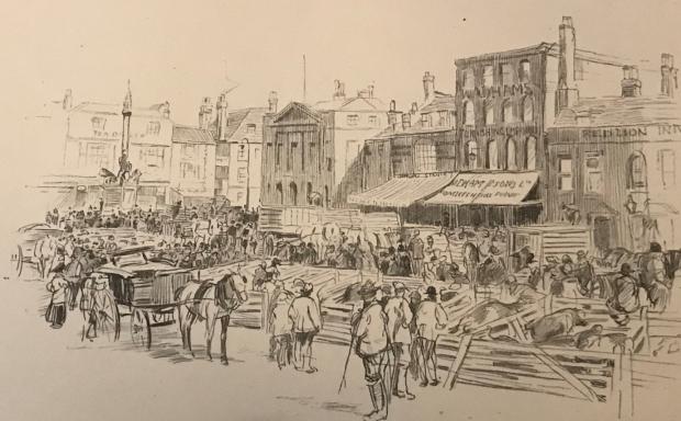 Isle of Wight County Press: A drawing of the livestock market when it was held in St James's Square. Image courtesy of Joanne Thornton.