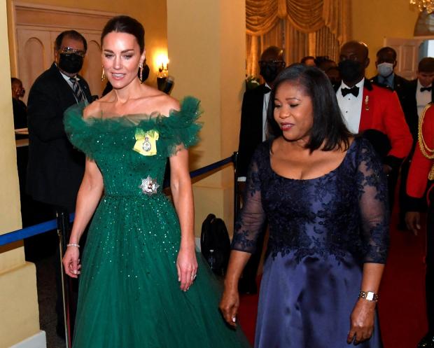 Isle of Wight County Press: Patricia Allen (right), wife of Patrick Allen, Governor General of Jamaica, teacher and nurse, arrives with the Duchess of Cambridge for a dinner hosted by her husband at King's House, Kingston, Jamaica, on day five of the royal tour of the Caribbean. (PA)