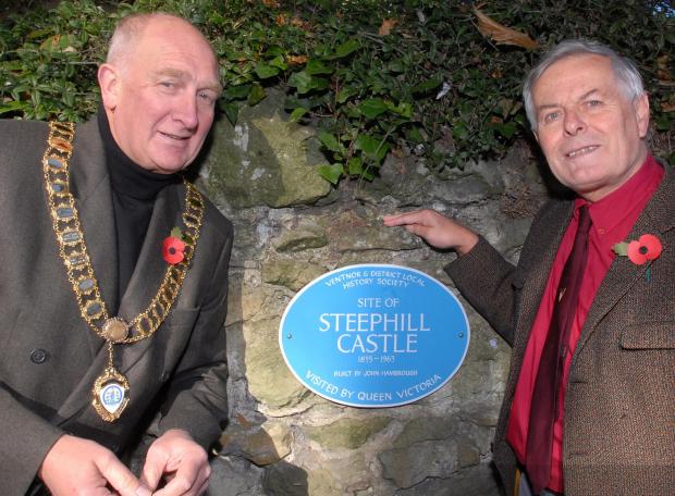 Isle of Wight County Press: In 2006, Ventnor History Society unveiled a plaque to commemorate Steephill Castle. Left, mayor Brian Lucas unveils the plaque with Ventnor and District Local History Society's Graham Bennett. Photo: IWCP Archive.