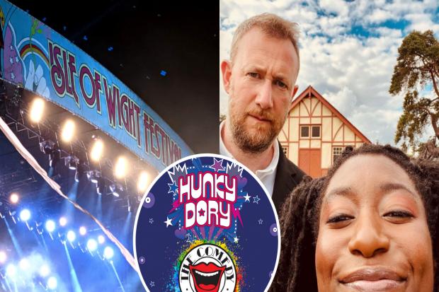 Sophie Duker (pictured via her Instagram, with Taskmaster host Alex Horne) and (inset) The Comedy Store's Hunky Dory stage will be at the Isle of Wight Festival.