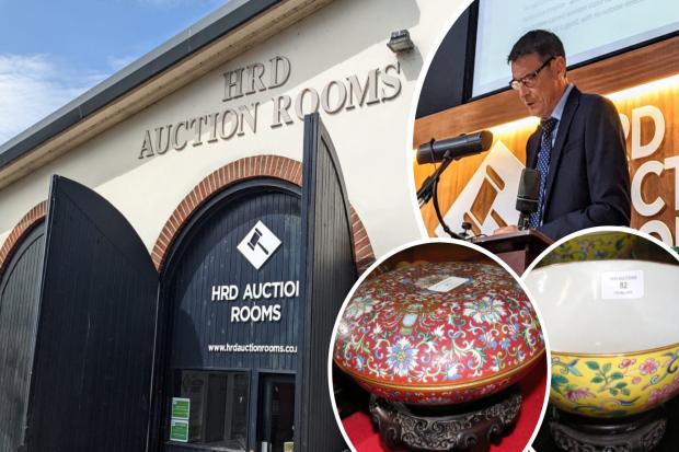 Warren Riches from HRD Auction Rooms in Brading on the Isle of Wight an and (inset) the bowls that sold for around £200,000.