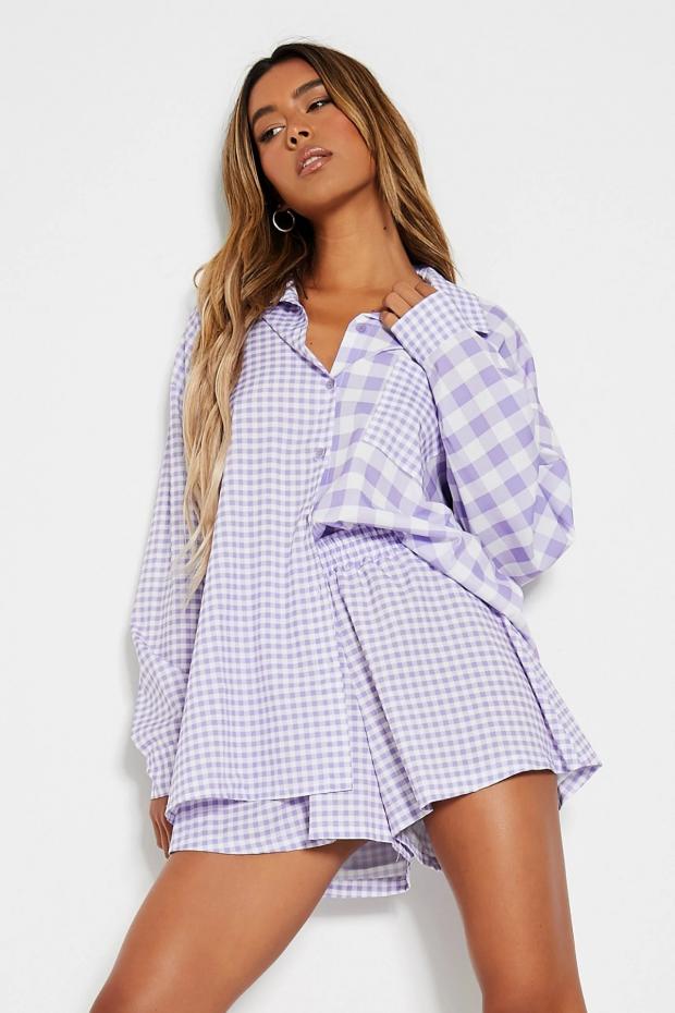 Isle of Wight County Press: Lilac Contrast Gingham Pocket Front Boyfriend Shirt Co-ord (I Saw It First)