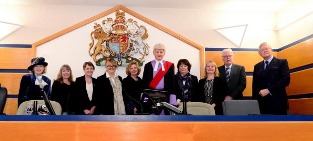 Isle of Wight County Press: Swearing in of a new Isle of Wight magistrate. From left, Gioia Minghella-Giddens with chair of IW Magistrates Bench Gillain Dale, Moria Dawson, Jacqueline Gazzard, Kay Marriott, Judge Melville QC, Jacqueline Mead, Deputy Justices Clerk Gill Redstone, Gordon Cooper (20 years, long service) and Vice Lord Lieutenant Sir Guy Acland Bt.