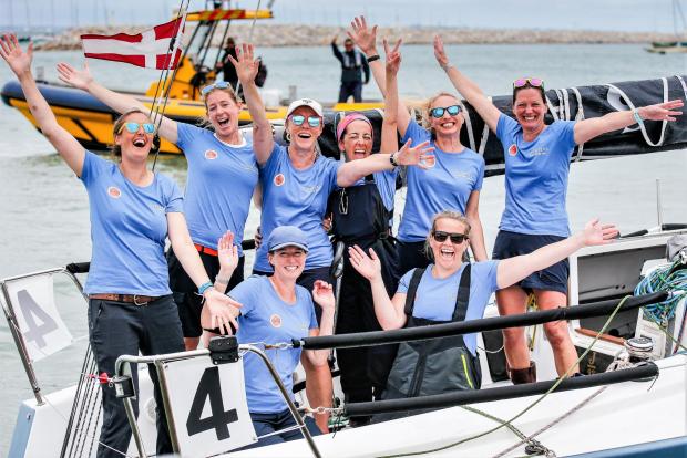 Isle of Wight County Press: The all-female crew aboard Nightjar celebrate Women's Day during Cowes Week.  Photo: Paul Wyeth 
