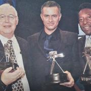 Trevor Collins, with his Unsung Hero award, alongside Jose Mourinho and Pele at the BBC Sports personality of the Year Awards in 2005.  Photo: BBC