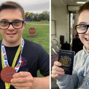 Zac Lacey with his medal this week (photo by Down Syndrome Swimming GB) and with his safely delivered passport.