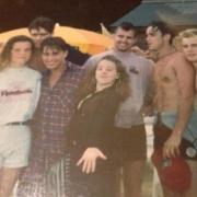 Manda Carey and Leigh Willis with Take That in 1992, when they filmed a music video in Sandown. Picture courtesy of Leigh Willis.