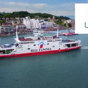 Red Funnel ferry on way to Isle of Wight. Inset Unite the Union logo.