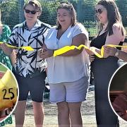 Claire Apsey, the daughter of the late Ray and Rosemary Scovell (insets), cuts the ribbon, with her son, Simon, to marks renaming of the Fairway Athletics Track in Sandown.