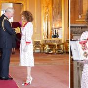 Dame Donna Langley receiving her damehood from Prince Charles.