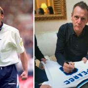 Stuart Pearce celebrating his penalty shootout goal in the Euro 96 quarter final against Spain (left) and signing memorabilia (right). Photos courtesy of Sean Dempsey/PA Wire (left) and Seamless Entertainment (right).