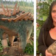 A polacanthus dinosaur reconstruction at Dinosaur Isle, Sandown, and Clare Leonty with her recent find.