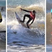 Teenage surfing talent Jago Tasker (centre) was in great form in the Dave Gray Memorial Surfing Competition at Compton.  Photos: Paul Blackley