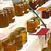 Jars of honey lined up at the Isle of Wight Honey Show, on November 19, 2022.