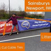 Vectis Womble Gail Bristow showing how near to the litter bin the discarded cable ties were.