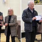 Left, Jenny Fradgley receiving Harold Hillier Vase, and right, Sally Peake, receiving the RHS Recognition Certificate, from Mike Fitt, VBG Friends' Society president.