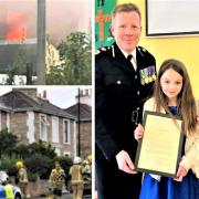 Chief Constable Scott Chilton, with bravery award sisters, Caitlin and Alice John, and the fire the girls saved their mum from in 2020.