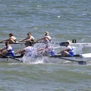 Ryde Rowing Club's coastal junior B crew battling with BTC for second place at Ryde Regatta.