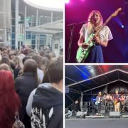 A huge crowd waiting to get into Strings for a recent Platform One gig recently. Wet Leg at the IW Festival, top right, and The Goblins playing at Newport's Coronation concert, bottom right.
