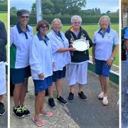 Two bowls winner Anne Bernard; pairs winners Debbie Crews and Denise Butchers; and the winning senior fours, from Ryde Marina Bowling Club.