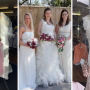 Wedding dresses recently available at Mountbatten (left and right) and Friends of the Animals (centre).